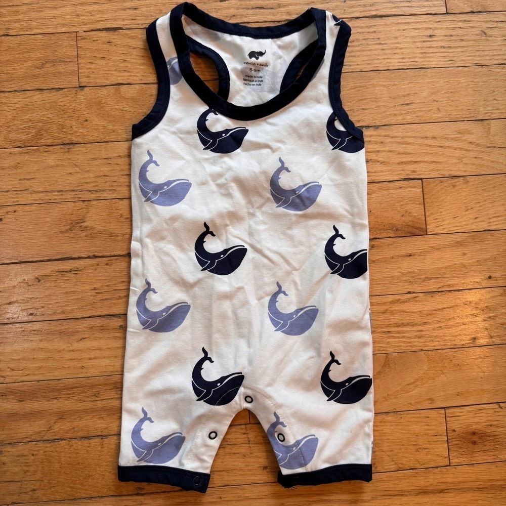 Monica + Andy Whale Print Organic Cotton Romper 6-9M Navy White Sleeveless